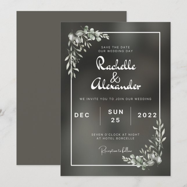 Invitación a la boda Minimalista negra (Anverso / Reverso)