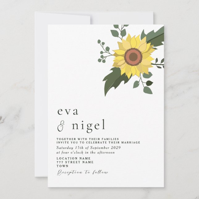 Invitación a la boda moderada de girasoles (Anverso)