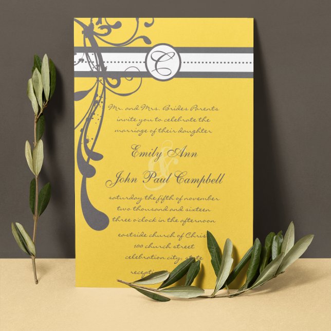 Invitación a la boda moderna amarilla y gris (Subido por el creador)