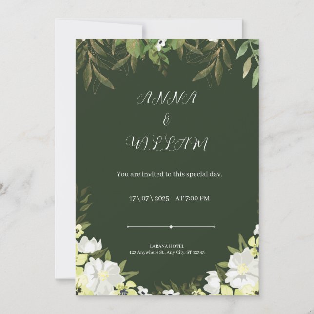 Invitación a la boda moderna, amarilla y verde (Anverso)