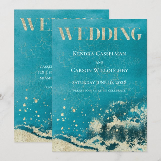 Invitación a la Boda Moderna Aqua Surf de Gold Coa (Anverso / Reverso)