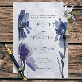 Invitación a la boda moderna azul con flores de ir