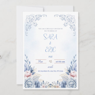 Invitación a la boda moderna azul simple