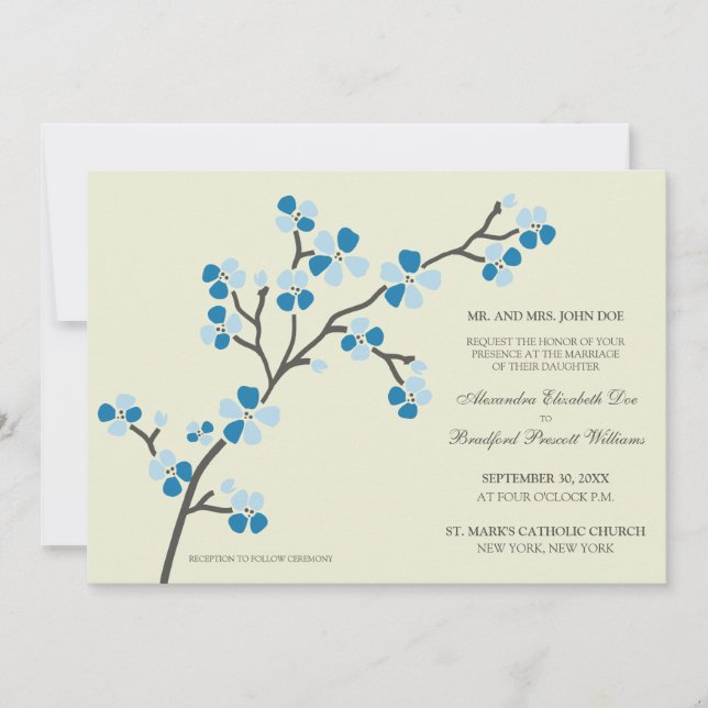 Invitación a la Boda Moderna Cherry Blossom ::azul (Anverso)
