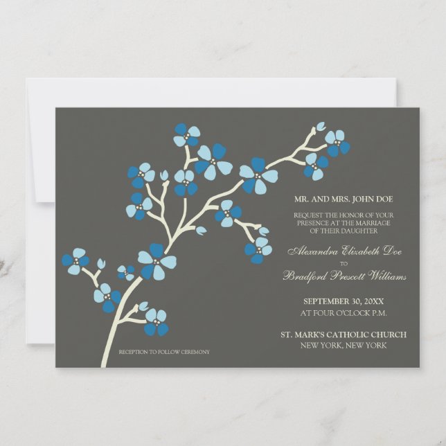 Invitación a la Boda Moderna Cherry Blossom ::azul (Anverso)