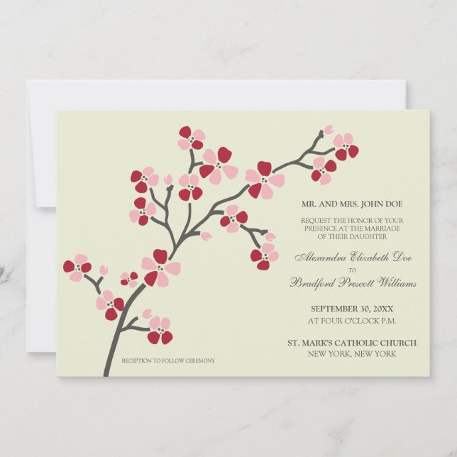 Invitación a la Boda Moderna Cherry Blossom ::Rojo (Anverso)
