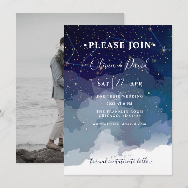Invitación a la boda moderna cielo azul y estrella (Anverso / Reverso)