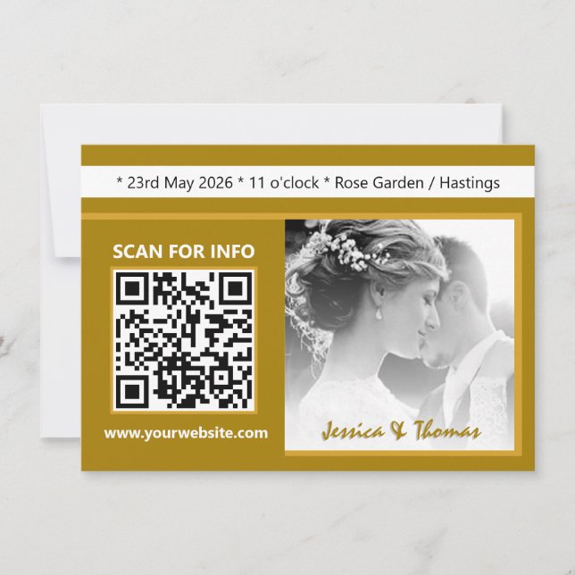 Invitación a la boda moderna, código QR, foto, oro (Anverso)