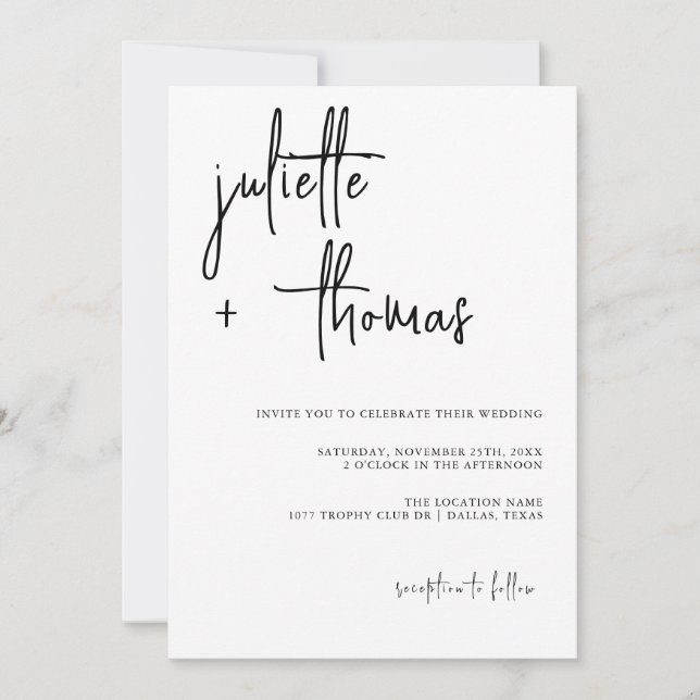 Invitación a la boda moderna con caligrafía elegan (Anverso)