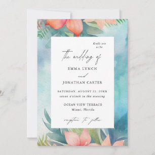 Invitación a la boda moderna con flores en Rubor t
