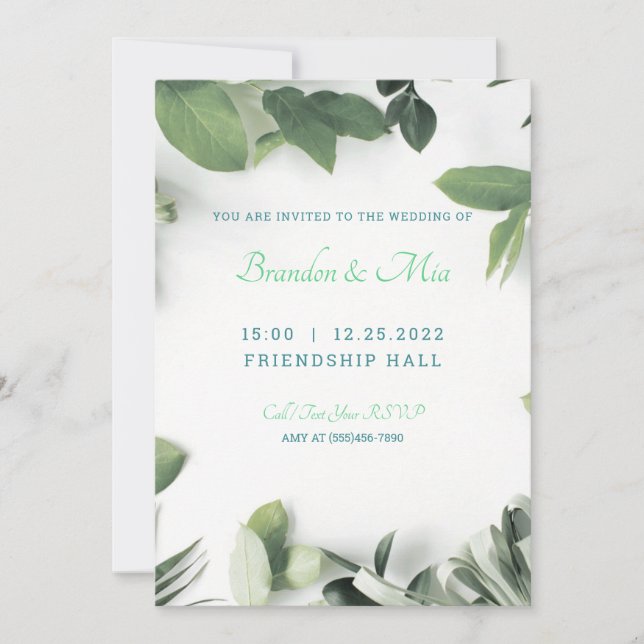 Invitación a la boda moderna con hojas botánicas (Anverso)