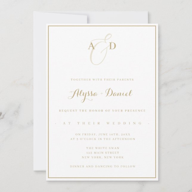Invitación a la boda moderna con monograma de oro (Anverso)