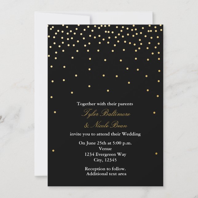 Invitación a la boda moderna con puntos negros y d (Anverso)
