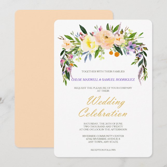 Invitación a la boda moderna con sabor y floral (Anverso / Reverso)