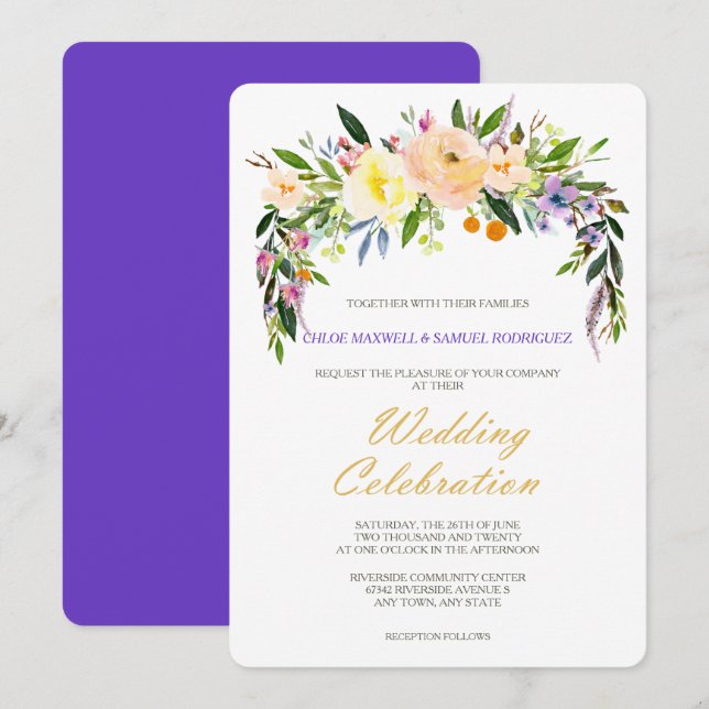 Invitación a la boda moderna con sabor y floral (Anverso / Reverso)