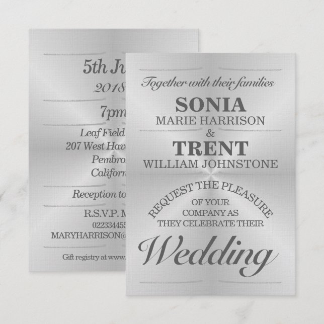 Invitación a la boda moderna de aluminio cepillado (Anverso / Reverso)