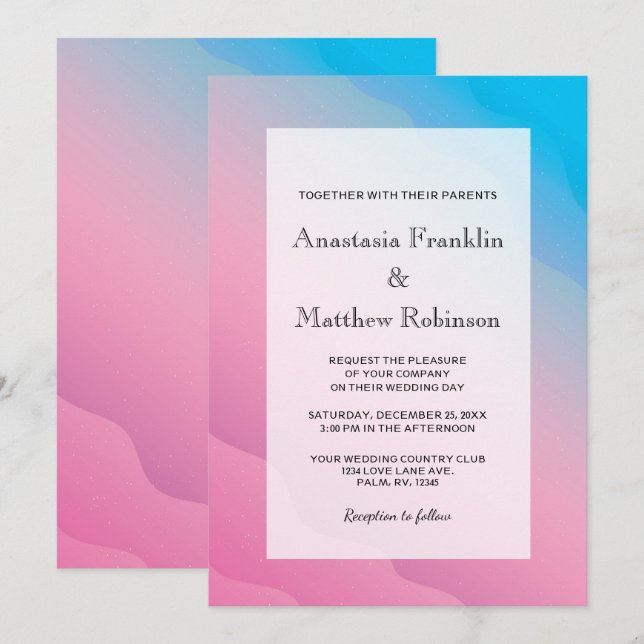 Invitación a la boda moderna de arcoiris azul rosa (Anverso / Reverso)