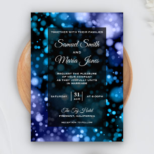 Invitación a la boda moderna de Bokeh en azul y pú