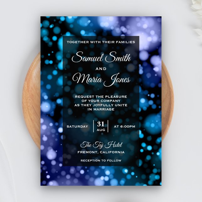 Invitación a la boda moderna de Bokeh en azul y pú (Subido por el creador)