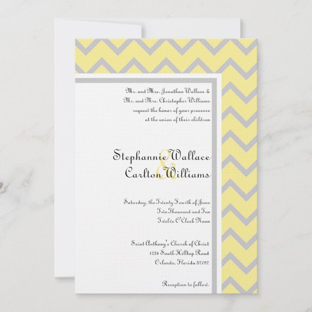 Invitación a la boda moderna de Chevron amarillo/g (Anverso)