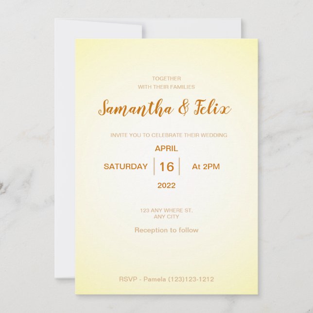 Invitación a la boda moderna de color amarillo pál (Anverso)