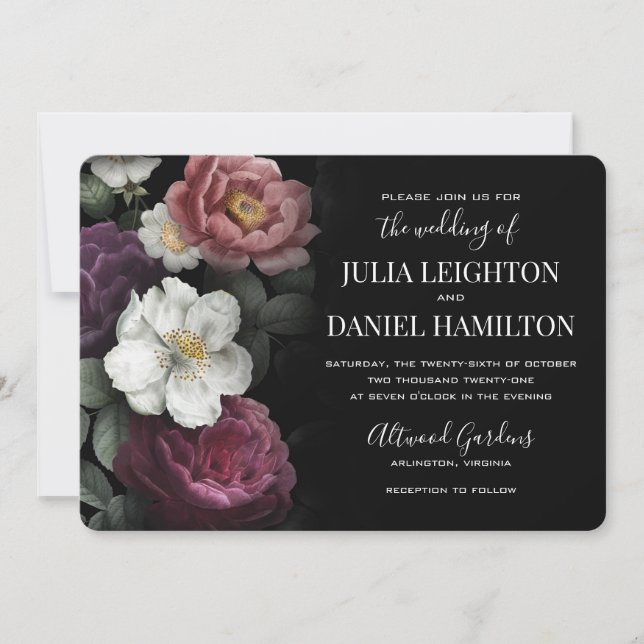 Invitación a la boda moderna de Dark Florals (Anverso)