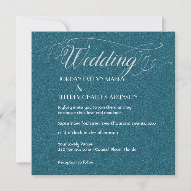 Invitación a la boda moderna de esparkle verde azu (Anverso)