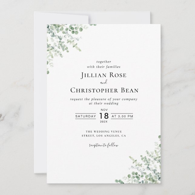invitación a la boda moderna de eucalipto verde (Anverso)
