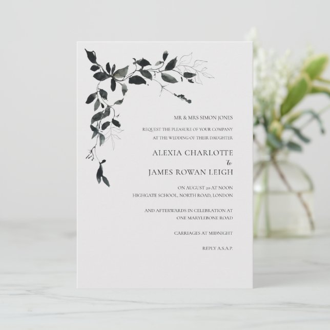 Invitación a la boda moderna de flores blancas y n (Anverso de pie)