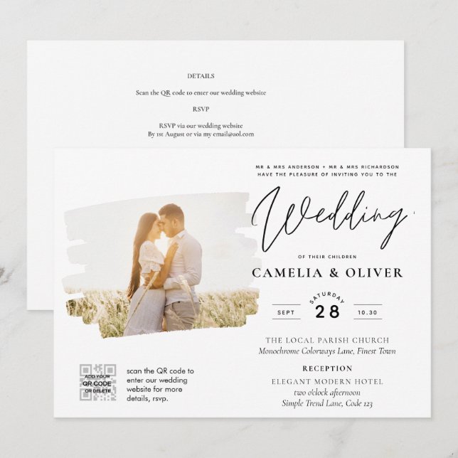 Invitación a la boda moderna de fotos en blanco y  (Anverso / Reverso)