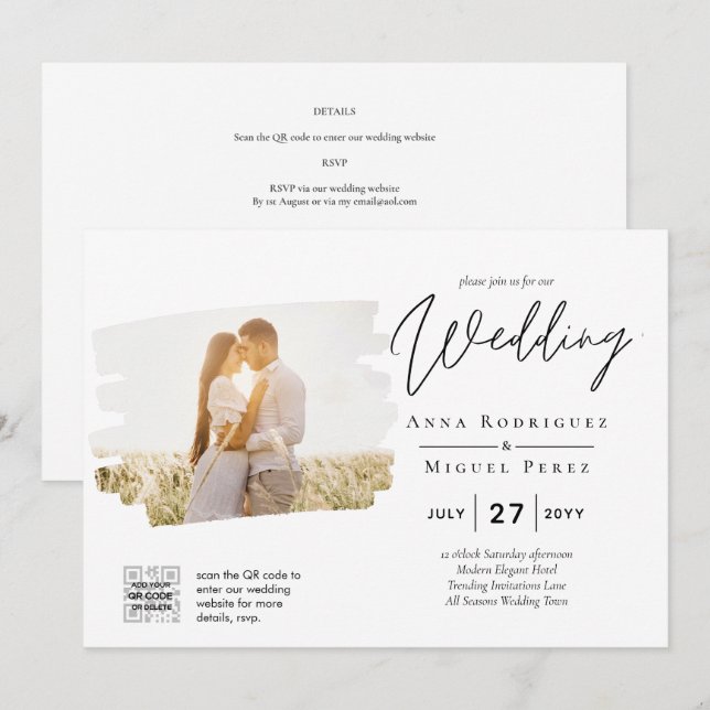 Invitación a la boda moderna de fotos en blanco y  (Anverso / Reverso)