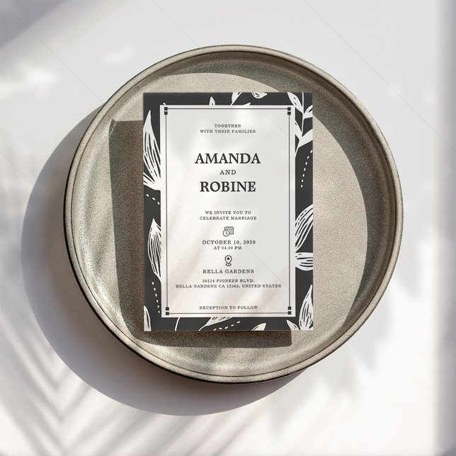 Invitación a la boda moderna de la hoja blanca y n (Subido por el creador)