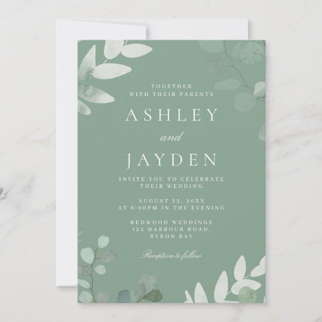 Invitación a la boda moderna de la hoja verde de p (Anverso)