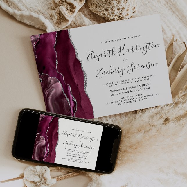 Invitación a la boda moderna de la plata borgoñona (Subido por el creador)