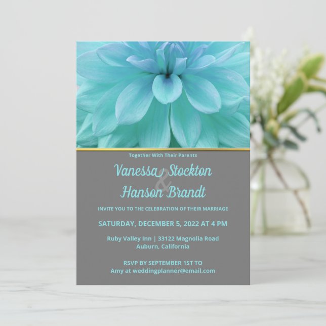 Invitación a la boda moderna de las flores azules (Anverso de pie)