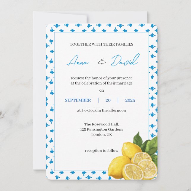 Invitación a la boda moderna de limón | Citrus mín (Anverso)