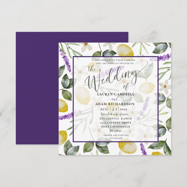 Invitación a la boda moderna de limón y lavanda (Anverso / Reverso)