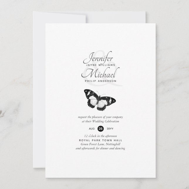 Invitación a la boda moderna de mariposa blanca y  (Anverso)