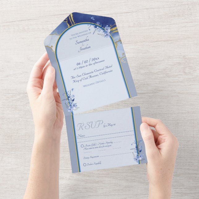 Invitación a la boda moderna de mármol azul (desgarro)