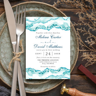 Invitación a la boda moderna de mármol azul claro