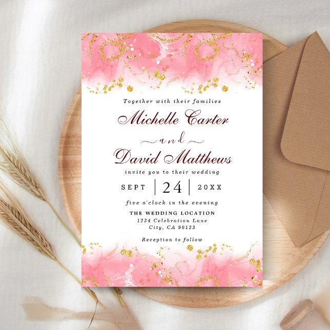 Invitación a la boda moderna de mármol rosa y dora (Subido por el creador)