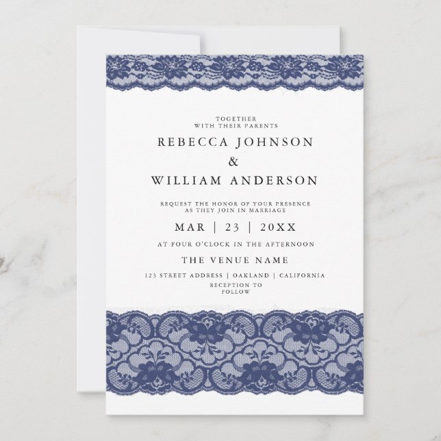 Invitación a la boda moderna de Navy Blue Lace (Anverso)