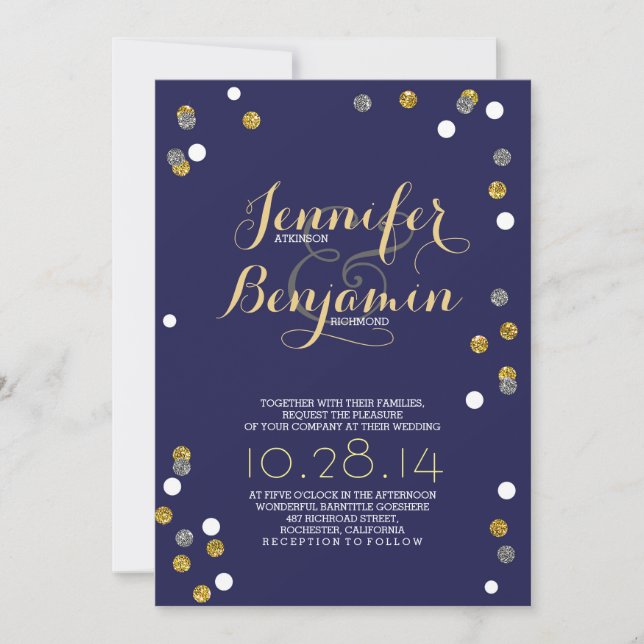 Invitación a la boda moderna de Navy Gold & Silver (Anverso)