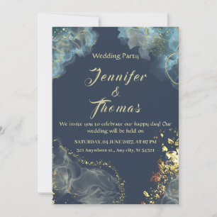 Invitación a la boda moderna de oro azul de la mar