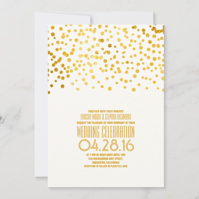 Invitación a la boda moderna de oro con confetti (Anverso)