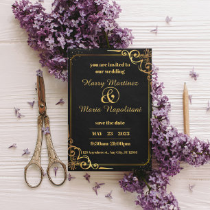 Invitación a la boda moderna de oro negro