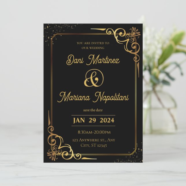 Invitación a la boda moderna de oro negro (Anverso de pie)