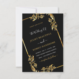Invitación a la boda moderna de oro negro con códi