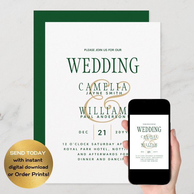 Invitación a la boda moderna de oro verde esmerald (Subido por el creador)