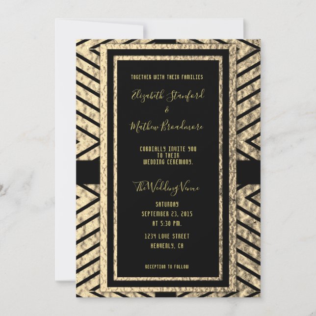 Invitación a la boda moderna de oro y negro (Anverso)